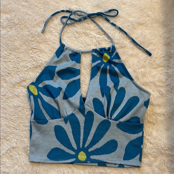 Forever 21 Tops - Blue and Yellow Halter Crop Tank Top with Tie